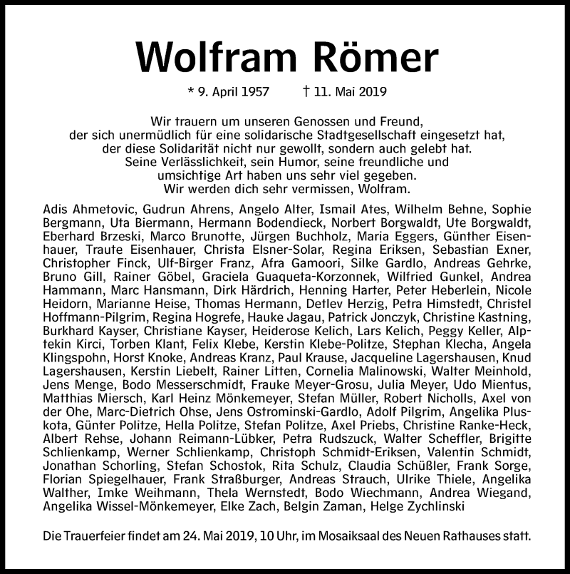  Traueranzeige für Wolfram Römer vom 18.05.2019 aus Hannoversche Allgemeine Zeitung/Neue Presse