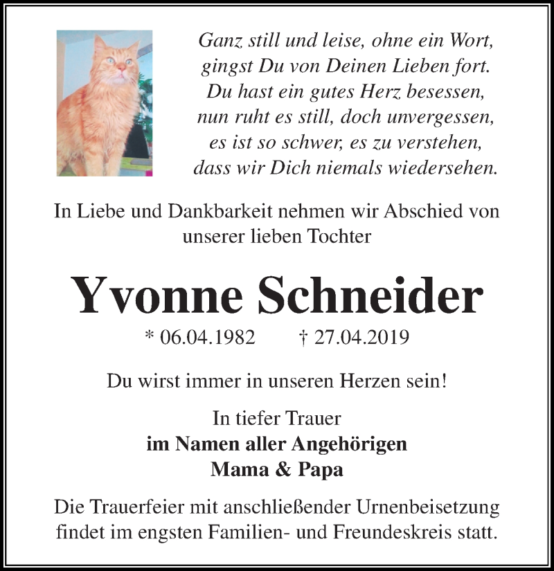  Traueranzeige für Yvonne Schneider vom 11.05.2019 aus Märkischen Allgemeine Zeitung