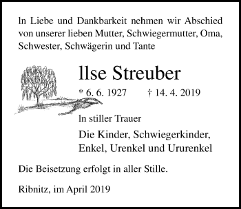 Traueranzeige von llse Streuber von Ostsee-Zeitung GmbH