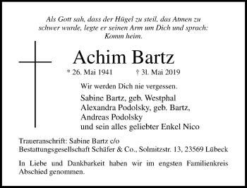 Traueranzeige von Achim Bartz von Lübecker Nachrichten
