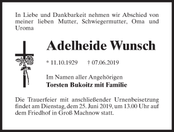 Traueranzeige von Adelheide Wunsch von Märkischen Allgemeine Zeitung