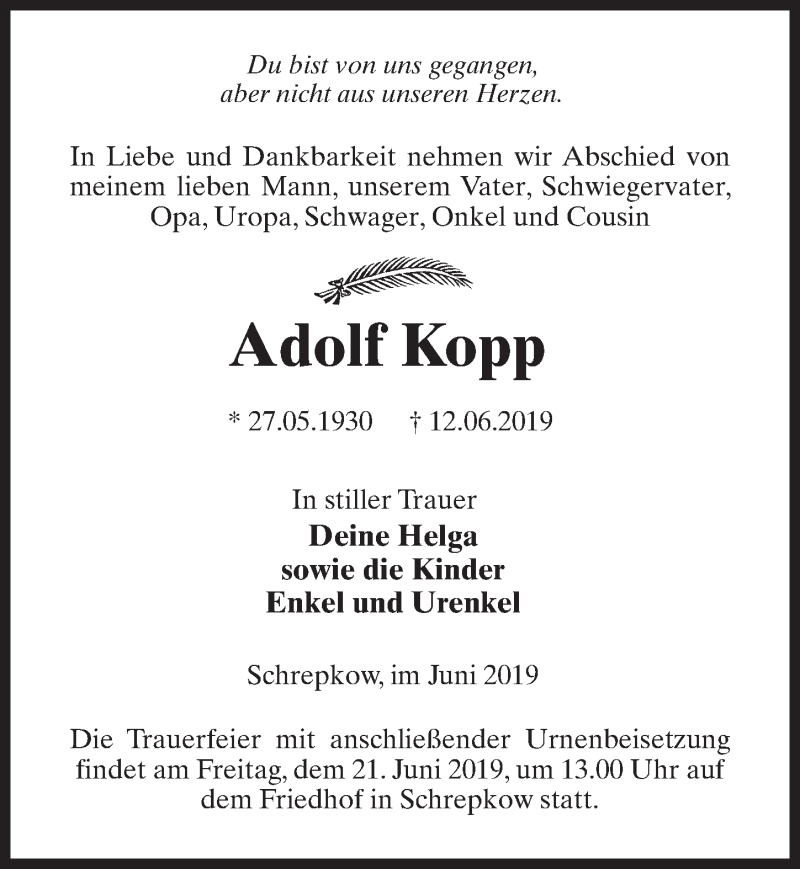  Traueranzeige für Adolf Kopp vom 15.06.2019 aus Märkischen Allgemeine Zeitung