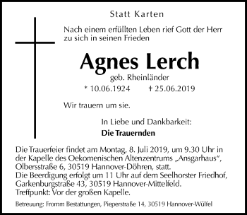 Traueranzeige von Agnes Lerch von Hannoversche Allgemeine Zeitung/Neue Presse