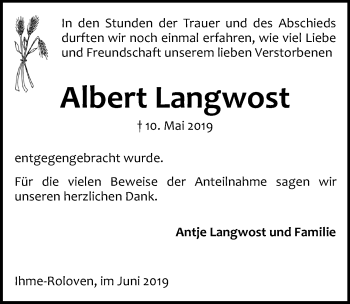 Traueranzeige von Albert Langwost von Hannoversche Allgemeine Zeitung/Neue Presse