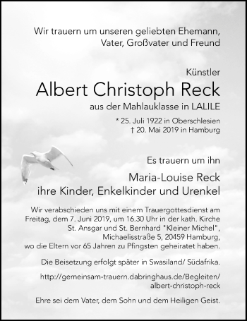 Traueranzeige von Albert Christoph Reck von Kieler Nachrichten