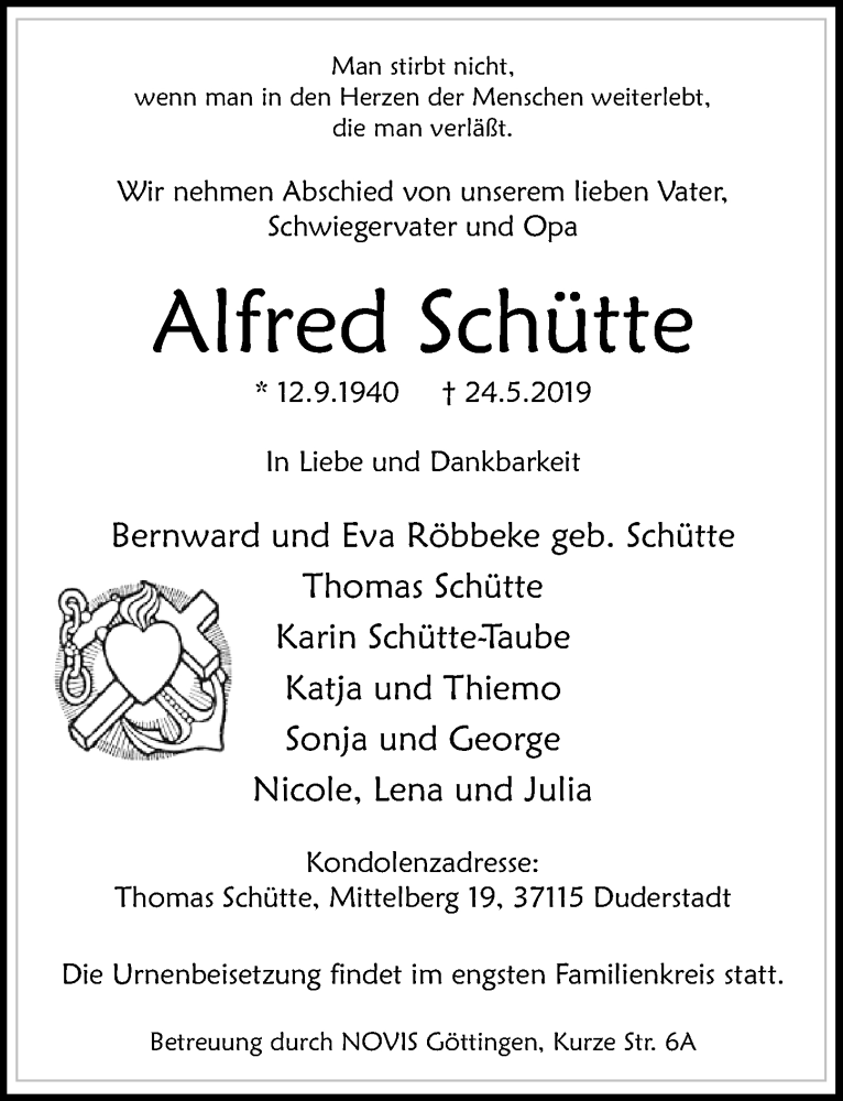  Traueranzeige für Alfred Schütte vom 01.06.2019 aus Göttinger Tageblatt