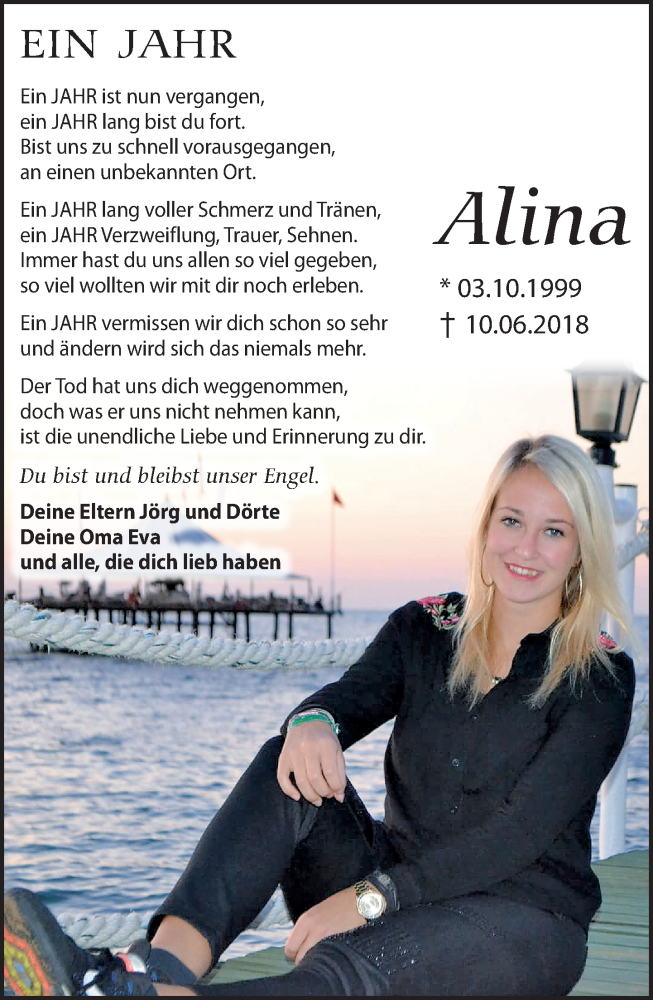  Traueranzeige für Alina Schwarz vom 08.06.2019 aus Leipziger Volkszeitung