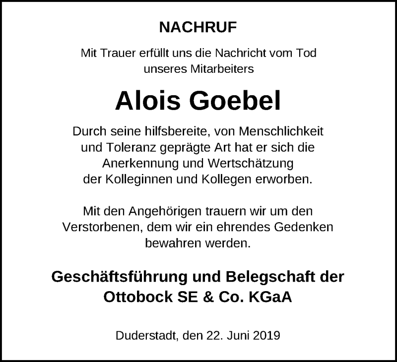  Traueranzeige für Alois Goebel vom 22.06.2019 aus Eichsfelder Tageblatt