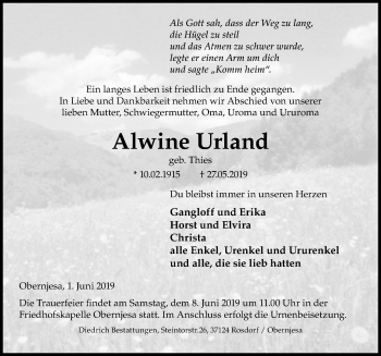 Traueranzeige von Alwine Urland von Göttinger Tageblatt