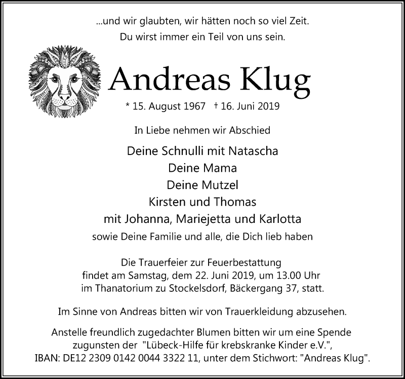  Traueranzeige für Andreas Klug vom 19.06.2019 aus Lübecker Nachrichten