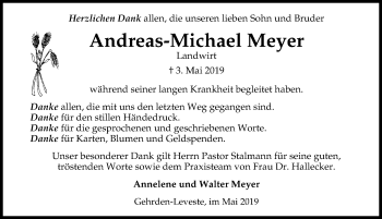 Traueranzeige von Andreas-Michael Meyer von Hannoversche Allgemeine Zeitung/Neue Presse