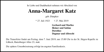 Traueranzeige von Anna-Margaret Katz von Lübecker Nachrichten