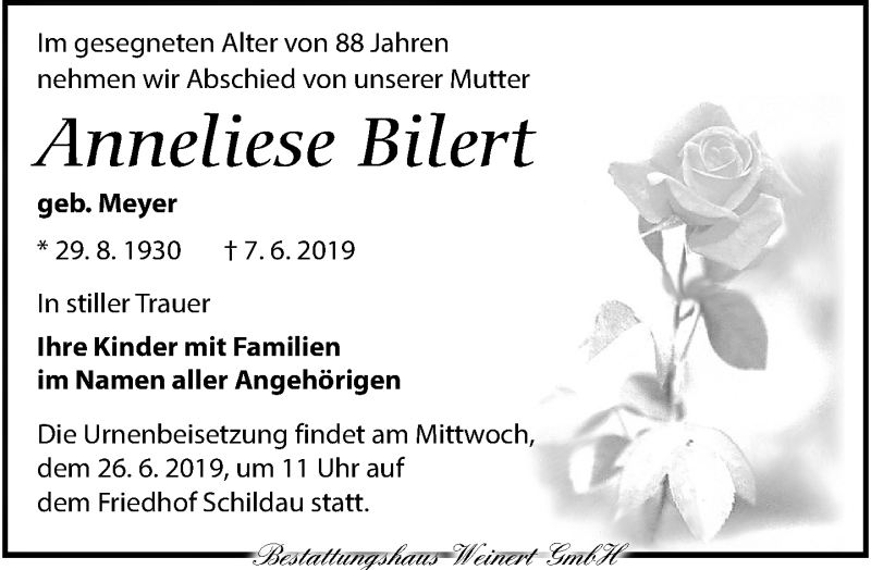  Traueranzeige für Anneliese Bilert vom 15.06.2019 aus Torgauer Zeitung