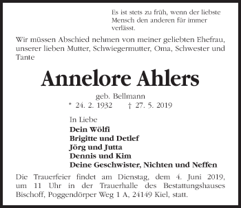 Traueranzeige von Annelore Ahlers von Kieler Nachrichten