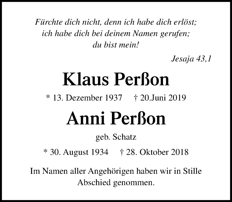  Traueranzeige für Anni Perßon vom 30.06.2019 aus Lübecker Nachrichten