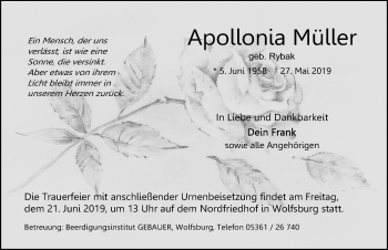 Traueranzeige von Apollonia Müller von Aller Zeitung