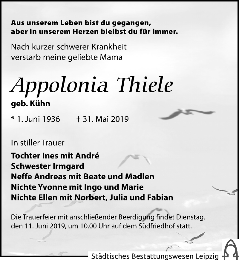  Traueranzeige für Appolonia Thiele vom 08.06.2019 aus Leipziger Volkszeitung