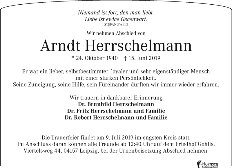  Traueranzeige für Arndt Herrschelmann vom 22.06.2019 aus Leipziger Volkszeitung