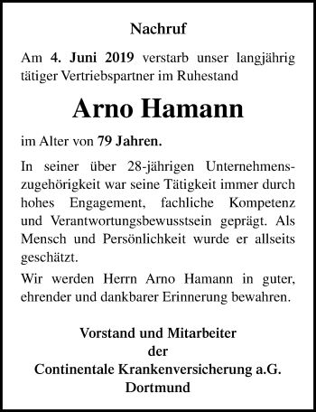 Traueranzeige von Arno Hamann von Ostsee-Zeitung GmbH