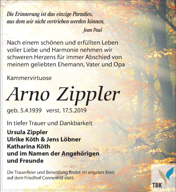Traueranzeige von Arno Zippler von Leipziger Volkszeitung