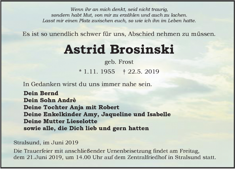  Traueranzeige für Astrid Brosinski vom 01.06.2019 aus Ostsee-Zeitung GmbH