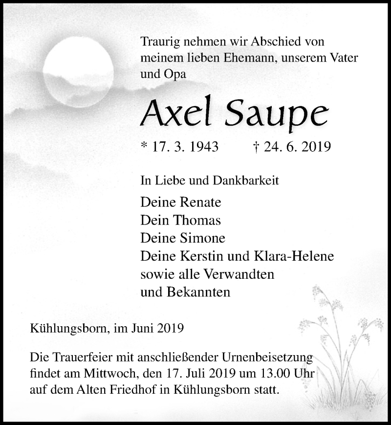  Traueranzeige für Axel Saupe vom 29.06.2019 aus Ostsee-Zeitung GmbH