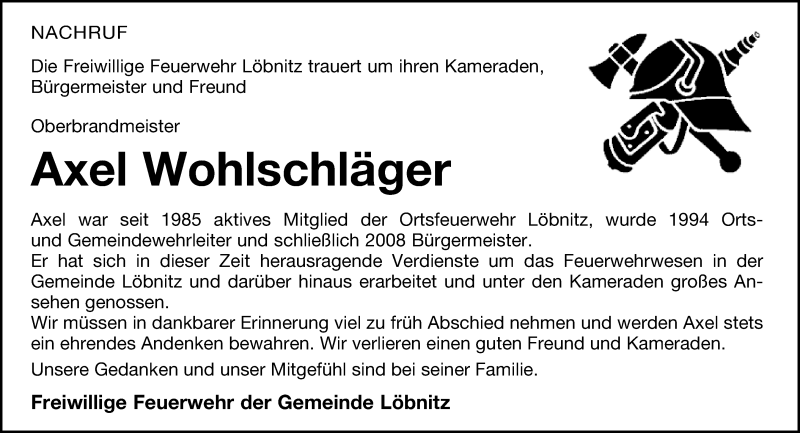  Traueranzeige für Axel Wohlschläger vom 22.06.2019 aus Leipziger Volkszeitung