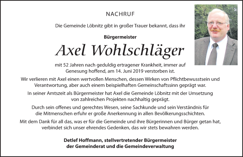  Traueranzeige für Axel Wohlschläger vom 18.06.2019 aus Leipziger Volkszeitung