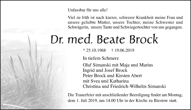  Traueranzeige für Beate Brock vom 22.06.2019 aus Ostsee-Zeitung GmbH