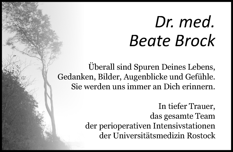  Traueranzeige für Beate Brock vom 29.06.2019 aus Ostsee-Zeitung GmbH