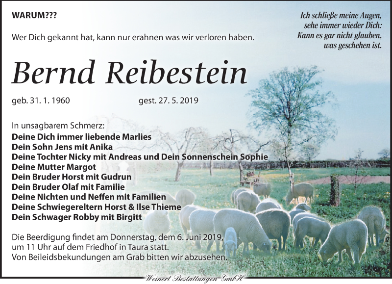  Traueranzeige für Bernd Reibestein vom 05.06.2019 aus Torgauer Zeitung