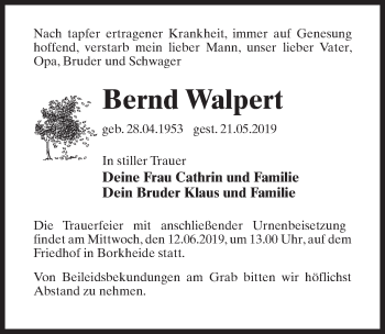 Traueranzeige von Bernd Walpert von Märkischen Allgemeine Zeitung
