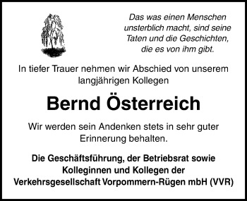 Traueranzeige von Bernd Österreich von Ostsee-Zeitung GmbH