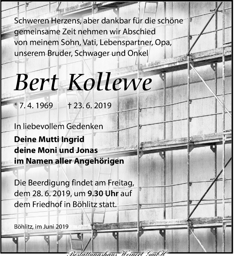  Traueranzeige für Bert Kollewe vom 26.06.2019 aus Torgauer Zeitung