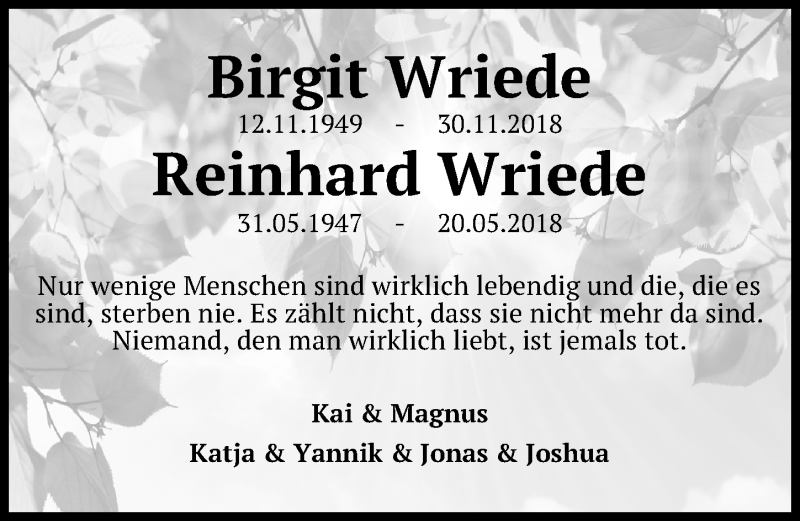  Traueranzeige für Birgit Wriede vom 02.06.2019 aus Lübecker Nachrichten