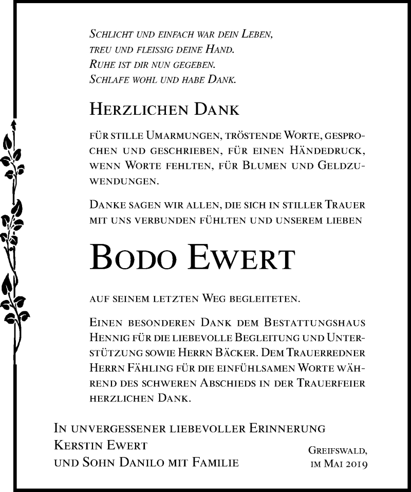  Traueranzeige für Bodo Ewert vom 15.06.2019 aus Ostsee-Zeitung GmbH