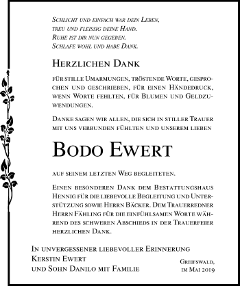 Traueranzeige von Bodo Ewert von Ostsee-Zeitung GmbH