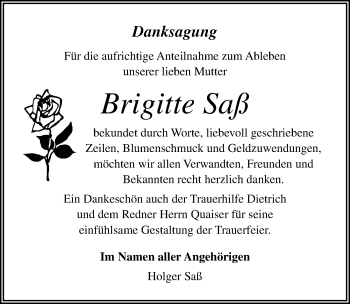 Traueranzeige von Brigitte Saß von Ostsee-Zeitung GmbH