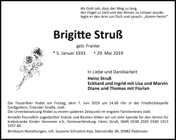 Traueranzeige von Brigitte Struß von Hannoversche Allgemeine Zeitung/Neue Presse