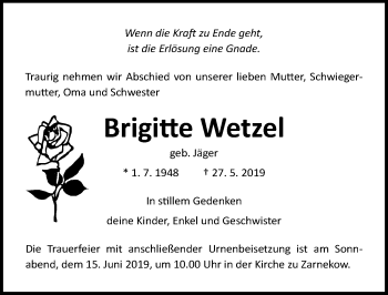 Traueranzeige von Brigitte Wetzel von Ostsee-Zeitung GmbH