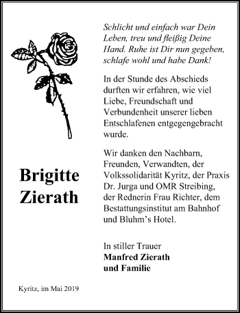 Traueranzeige von Brigitte Zierath von Märkischen Allgemeine Zeitung