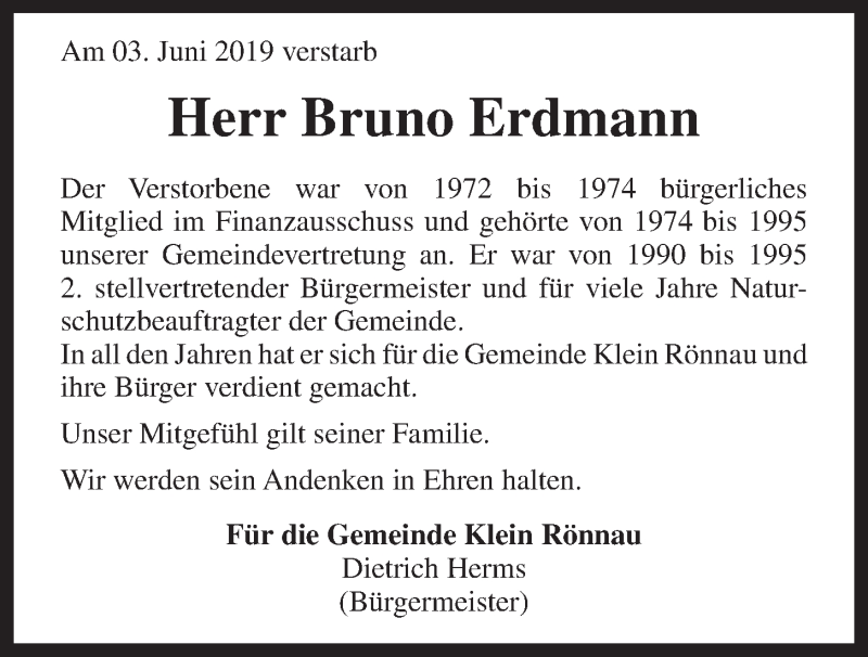  Traueranzeige für Bruno Erdmann vom 12.06.2019 aus Kieler Nachrichten