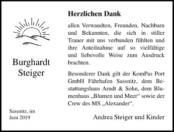 Traueranzeige von Burghardt Steiger von Ostsee-Zeitung GmbH