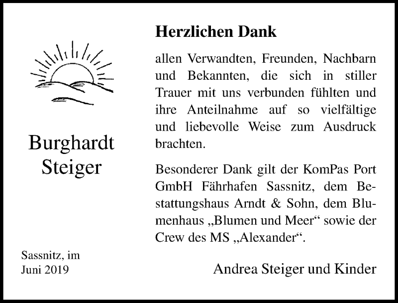  Traueranzeige für Burghardt Steiger vom 15.06.2019 aus Ostsee-Zeitung GmbH