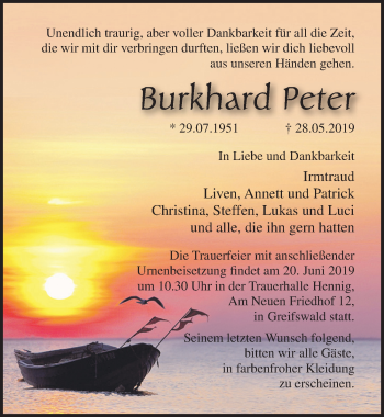 Traueranzeige von Burkhard Peter von Ostsee-Zeitung GmbH