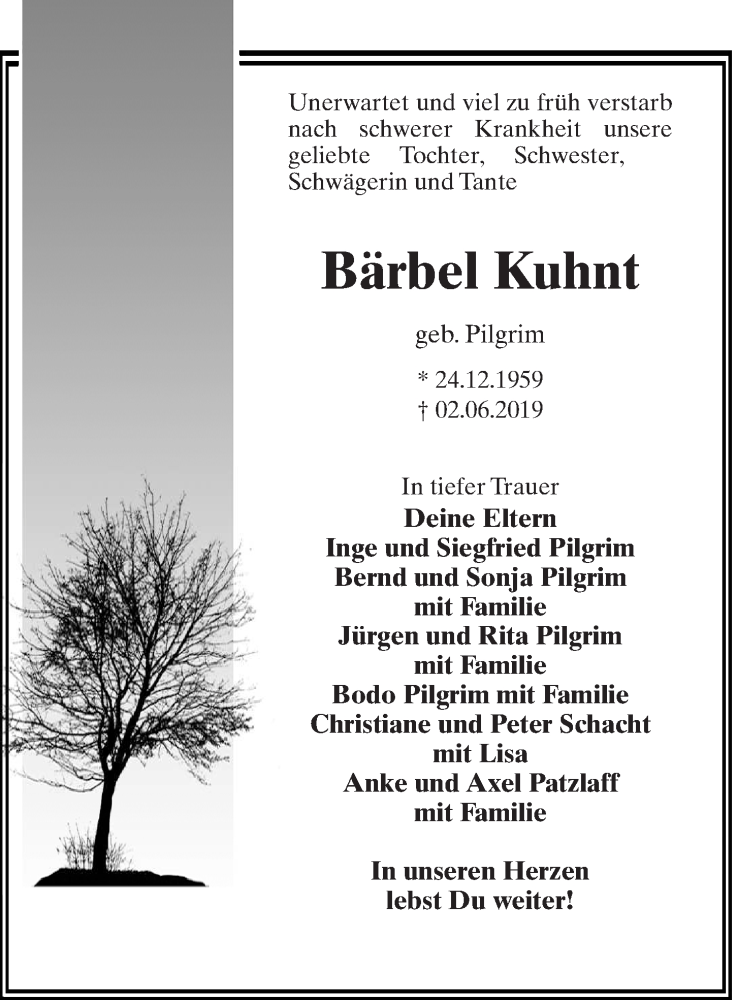  Traueranzeige für Bärbel Kuhnt vom 12.06.2019 aus Märkischen Allgemeine Zeitung