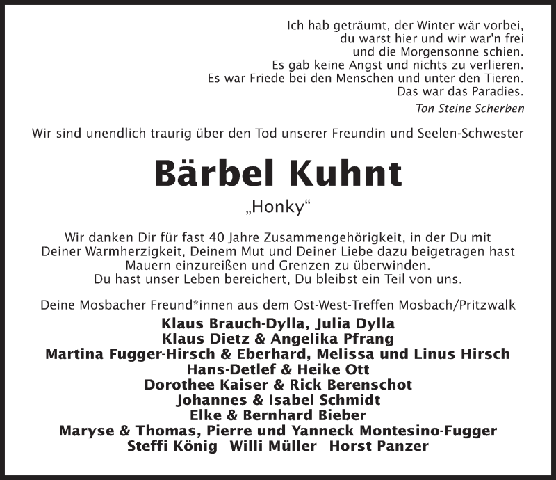 Traueranzeige für Bärbel Kuhnt vom 13.06.2019 aus Märkischen Allgemeine Zeitung