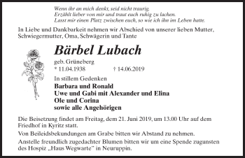 Traueranzeige von Bärbel Lubach von Märkischen Allgemeine Zeitung