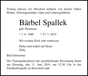 Traueranzeige von Bärbel Spallek von Lübecker Nachrichten