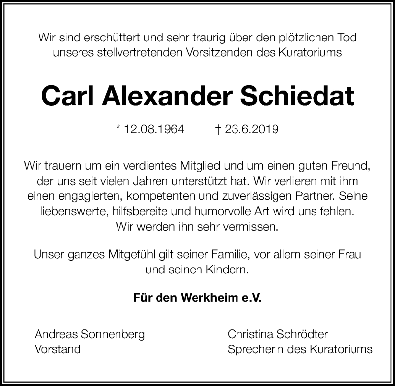  Traueranzeige für Carl Alexander Schiedat vom 29.06.2019 aus Hannoversche Allgemeine Zeitung/Neue Presse